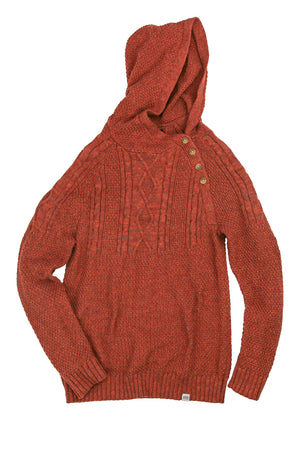 cable knit hoodie with offset buttons